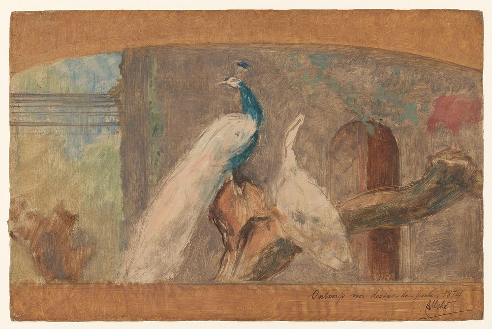 Ontwerp voor een dessus-de-porte: tak met pauw en andere vogels (1874) by August Allebé