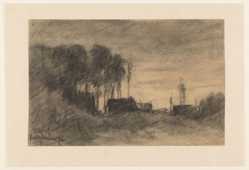Groep huizen en bomen bij Hooghalen, Avondstemming (1872) by Johannes Gijsbert Vogel