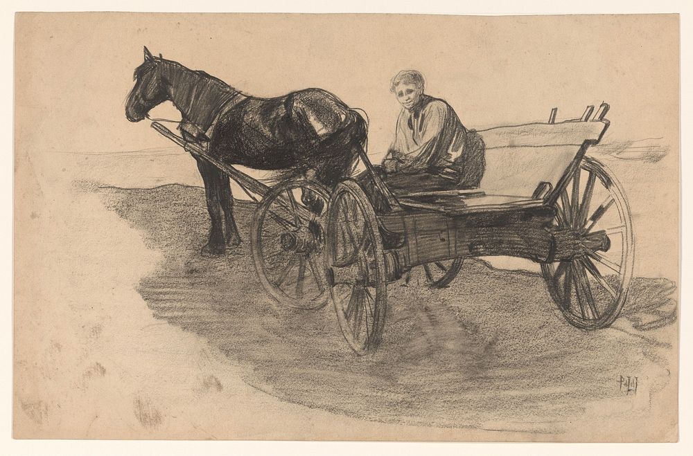 Paard en wagen met iemand erin (1871 - 1906) by Pieter de Josselin de Jong