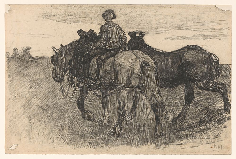 Span paarden met een berijder (1871 - 1906) by Pieter de Josselin de Jong