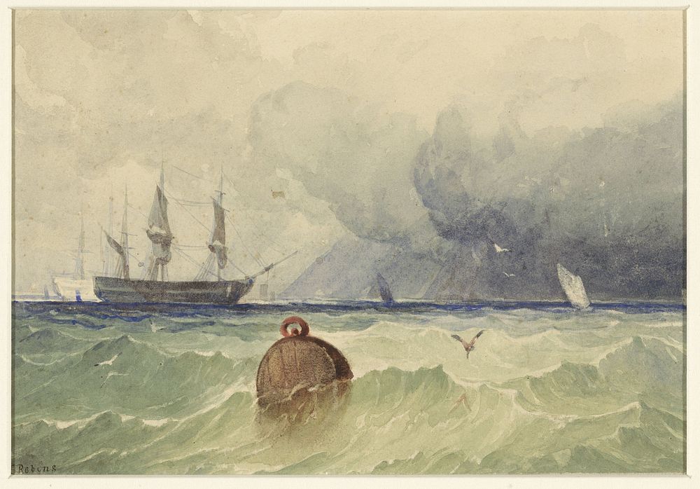 Driemasters voor anker bij opkomend zwaar weer (1830 - 1880) by Thomas Sewell Robins