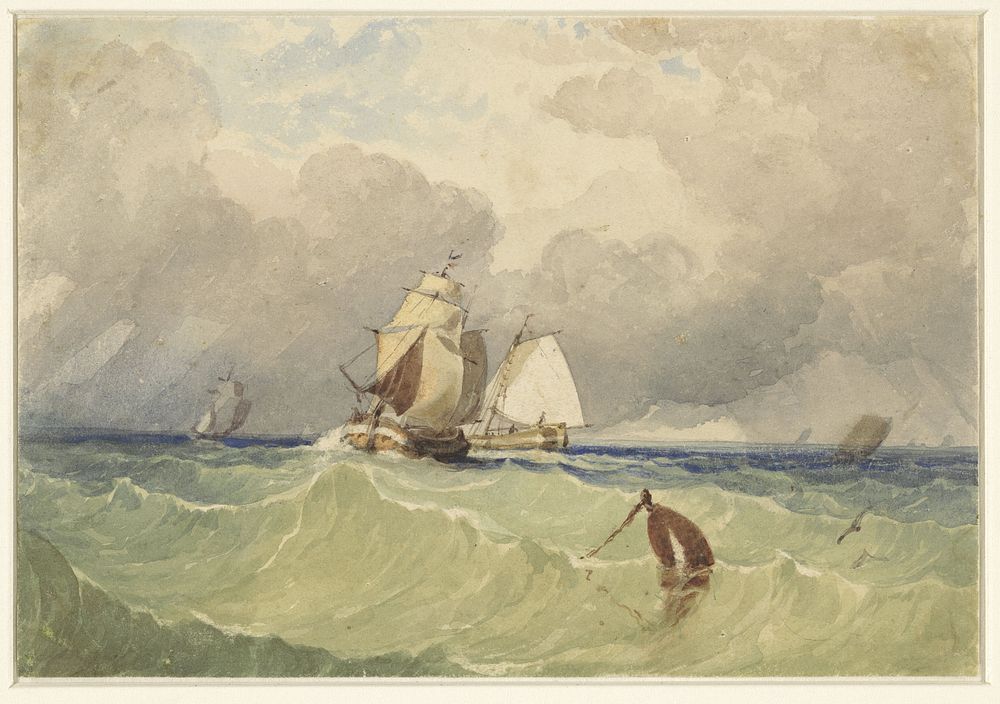 Driemasters en tjalk zeilend in volle zee (1830 - 1880) by Thomas Sewell Robins