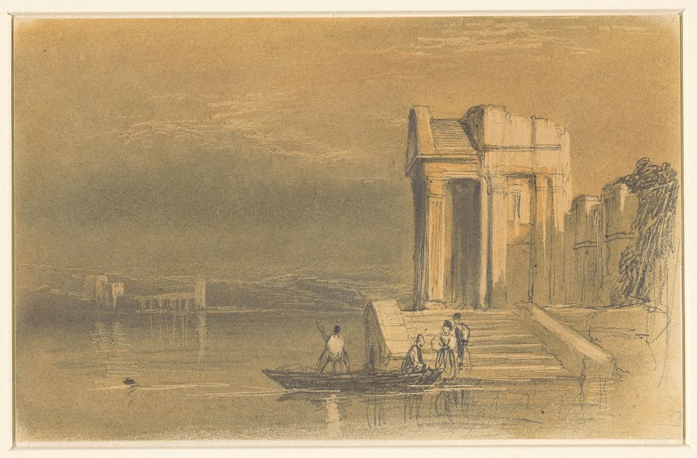 Tempelruïnes aan een meer in een Italiaans landschap (1803 - 1867) by William Clarkson Stanfield