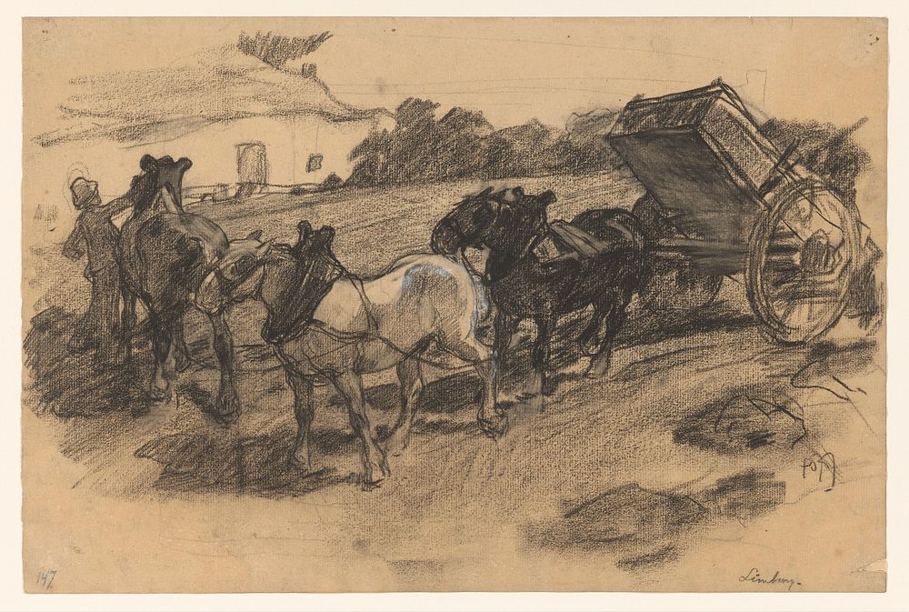 Toom van drie paarden voor een wagen op een hellend akkerland te Limburg (1871 - 1906) by Pieter de Josselin de Jong