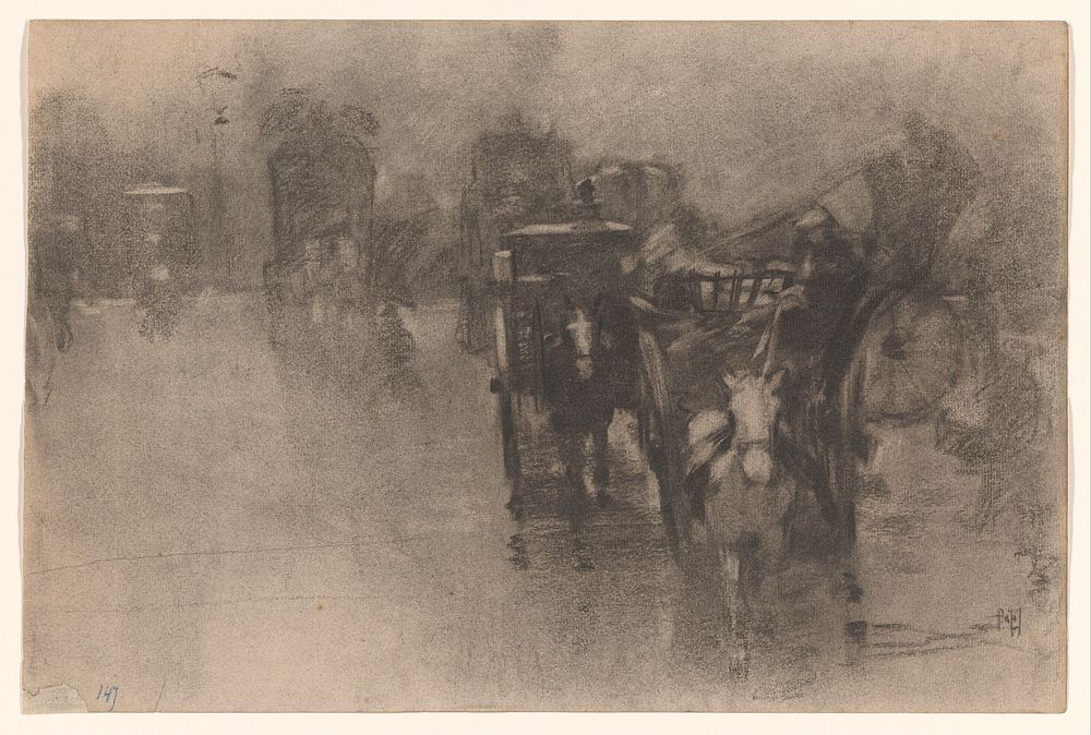 Stadsplein in regen met rijtuigen (1871 - 1906) by Pieter de Josselin de Jong