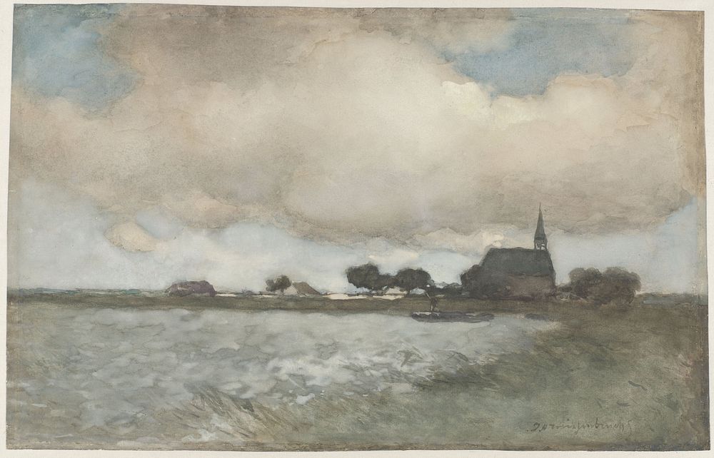 View of the Church at Noordse Dorp near Noorden (c. 1880 - c. 1885) by Johan Hendrik Weissenbruch