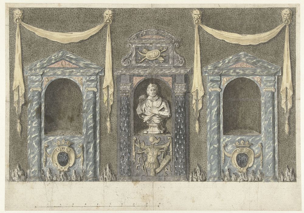 Ontwerp voor tuingevel met portieken en een borstbeeld (1640 - 1660) by anonymous