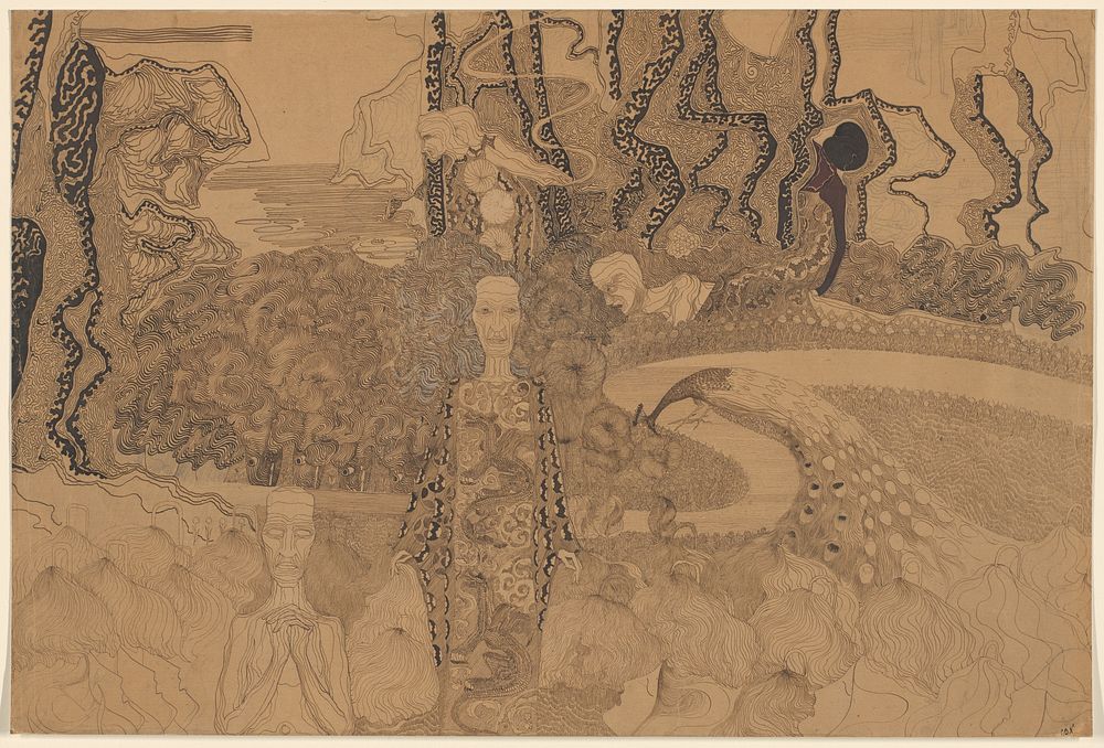 Allegorische voorstelling met figuren en een pauw in een tuin (1890 - 1909) by Karel de Nerée tot Babberich