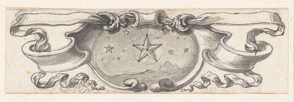 Vignet met ster boven landschap (1683 - 1733) by Bernard Picart
