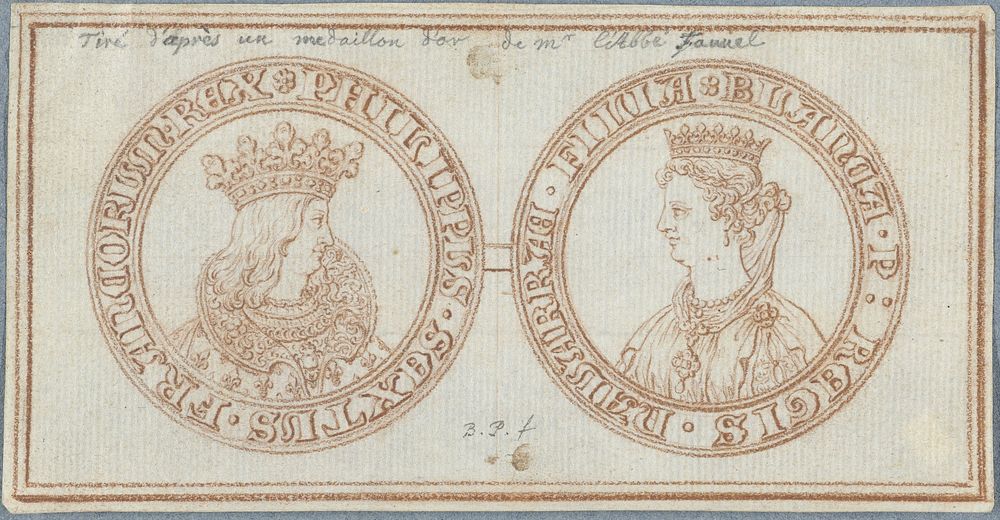 Voor- en achterzijde van een penning met portretten van Filips VI en Blanche van Navarra, koning en koningin van Frankrijk…