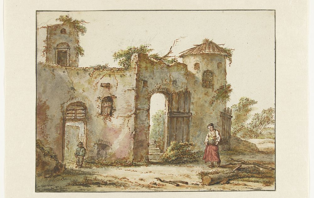 Vervallen gebouw met rechts een houtsprokkelaarster (1782 - 1837) by Pieter Bartholomeusz Barbiers