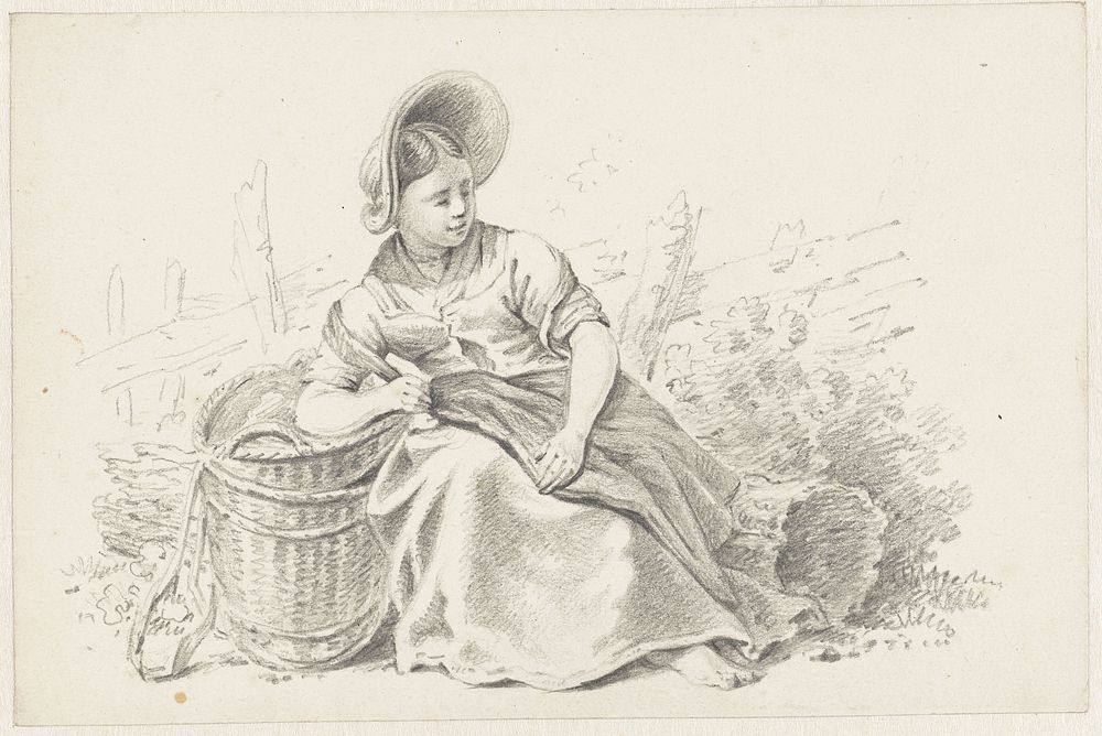 Zittende, rustende vrouw met een mand (1782 - 1837) by Pieter Bartholomeusz Barbiers