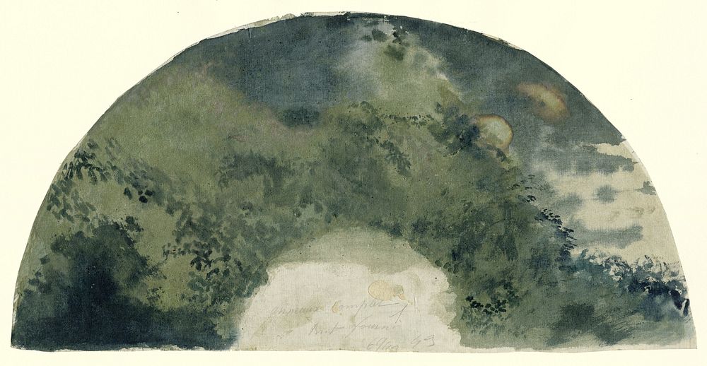 Waaierblad in Japanse trant beschilderd met een landschap bij opkomende maan (1850 - 1900) by Edgar Degas