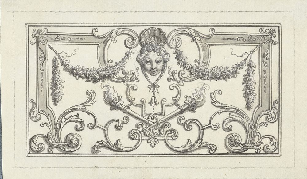Paneelvulling met masker en twee toortsen (1683 - 1733) by Bernard Picart
