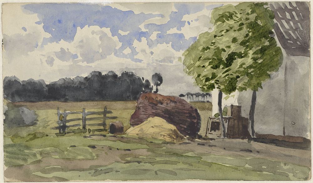 Stapel hout voor een boerderij in het weiland (1845 - 1925) by Julius Jacobus van de Sande Bakhuyzen