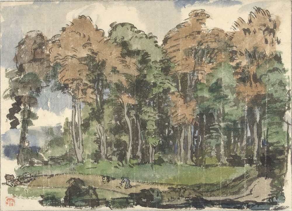 Weg aan een bosrand, met landlieden aan het werk (1880 - 1942) by Jules Chadel