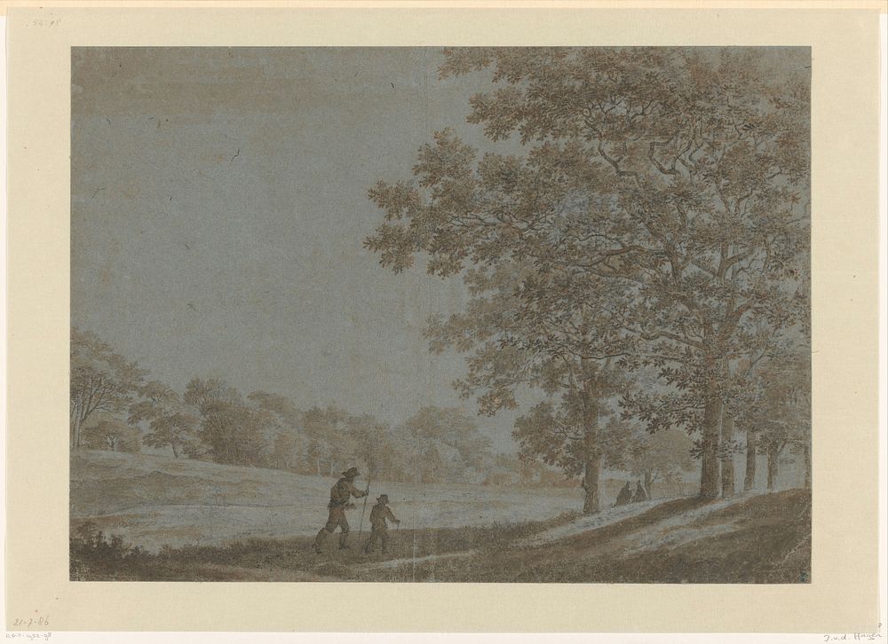 Wandelaars op een weg langs hoge bomen (1625 - 1669) by Joris van der Haagen