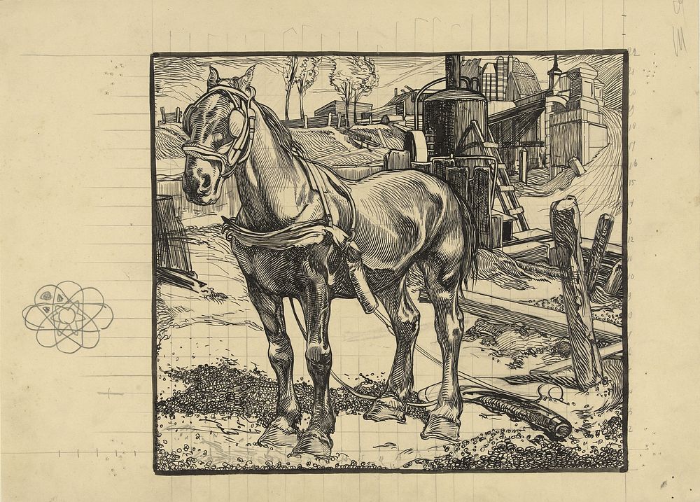 Werkpaard, bij een heimachine rustend (1881 - 1934) by Johannes Josephus Aarts