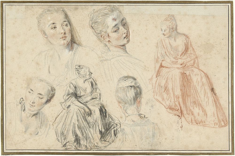 Four Studies of a Woman's Head and Two of a Seated Woman (1705 - 1721) by Jean Antoine Watteau