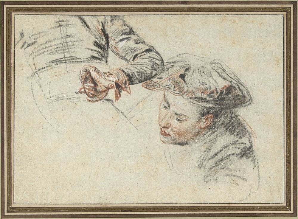 Manskop met baret en een hand aan een gevest (1717 - 1719) by Jean Antoine Watteau