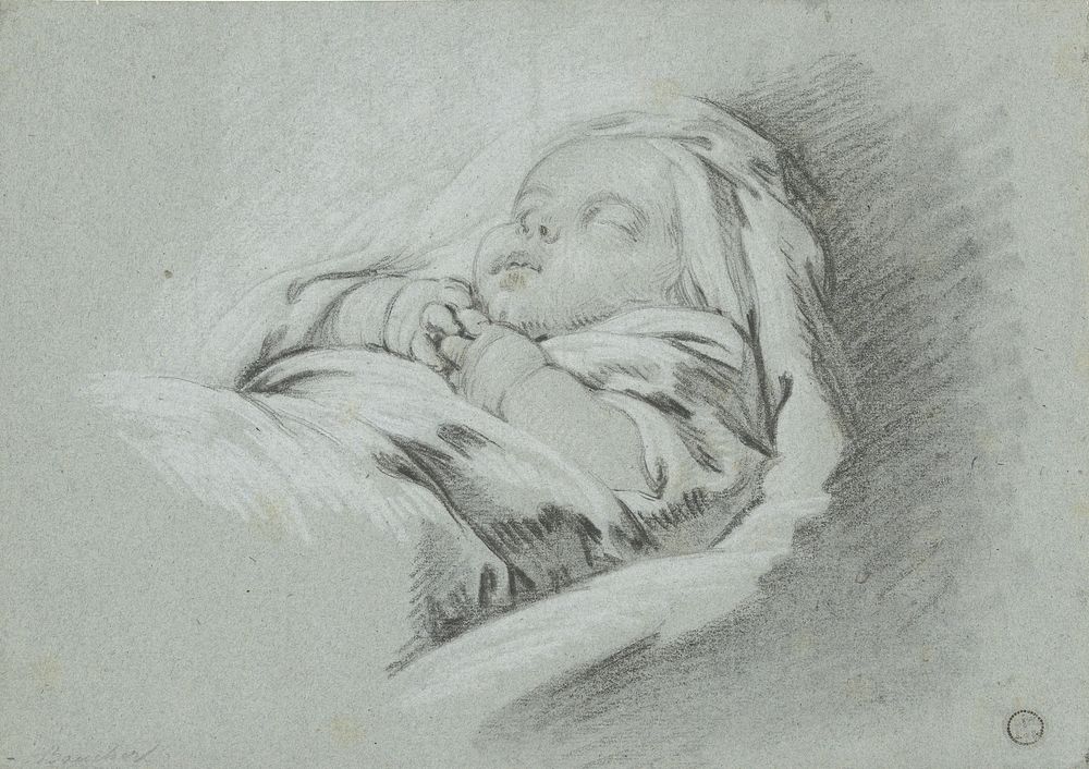 Slapende baby, de handjes over elkaar (1713 - 1770) by François Boucher