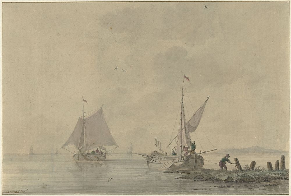 Stil binnenwater met aanleggende boot (1758 - 1815) by Nicolaas Wicart