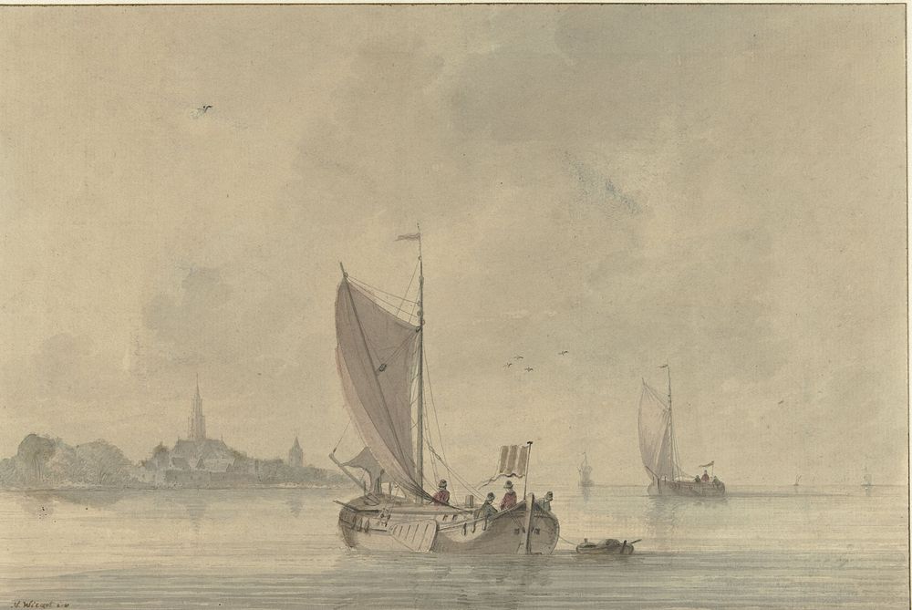 Zeilende schuiten op het water voor een Hollands stadje (1758 - 1815) by Nicolaas Wicart