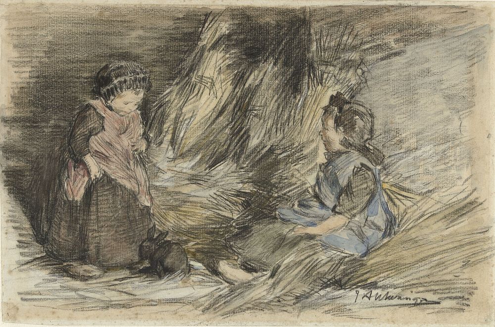 Twee meisjes in het hooi met een konijn (1871 - 1942) by Johannes Evert Akkeringa