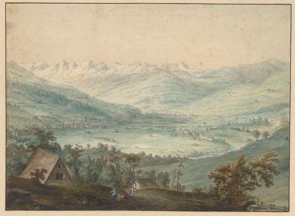 Vallei van een rivier met dorpen en bergen (1775) by J C Zick