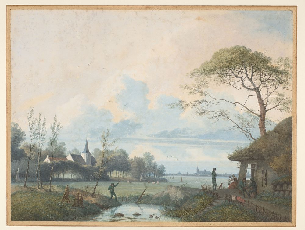 Gezicht met een dorpskerk en 's-Hertogenbosch in het verschiet (1831 - 1847) by Josephus Augustus Knip and Matthijs Dirk Knip