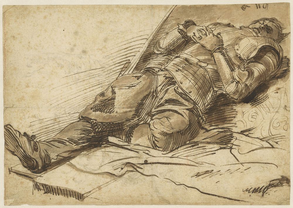 Op de rug liggende krijgsman in harnas, met gevouwen handen (1600 - 1699) by anonymous