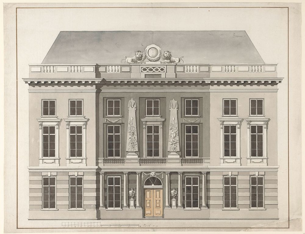 Architectonische ontwerptekening van een classicistisch woonhuis met beeldhouwwerk (c. 1700 - c. 1799) by C Taselaar
