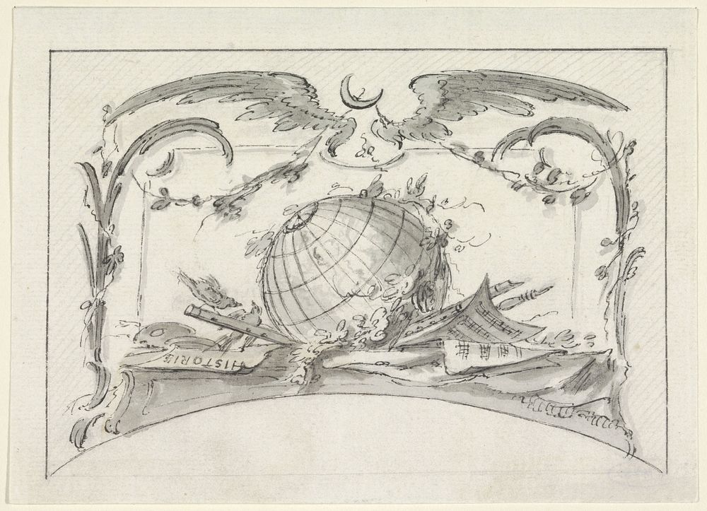 Trofee met globe en bladmuziek (1740 - 1750) by van Lochteren