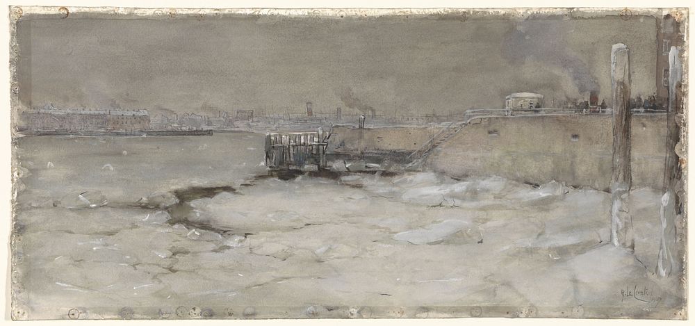 Het kruien van het ijs op de Maas te Rotterdam (1907) by Adolf le Comte