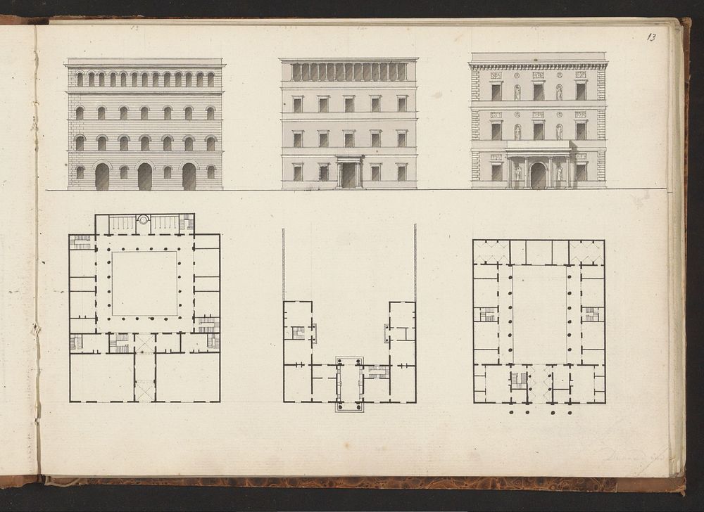 Plattegronden en voorgevels van drie villa's (1825 - 1907) by Willem Springer jr