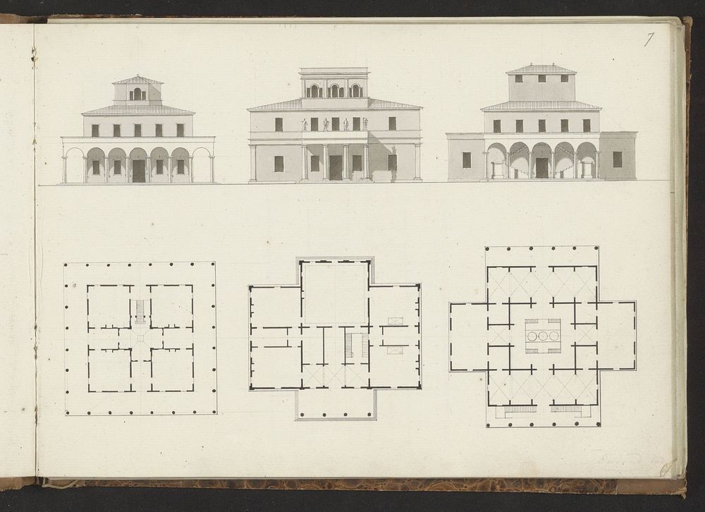 Plattegronden en voorgevels van drie villa's (1825 - 1907) by Willem Springer jr