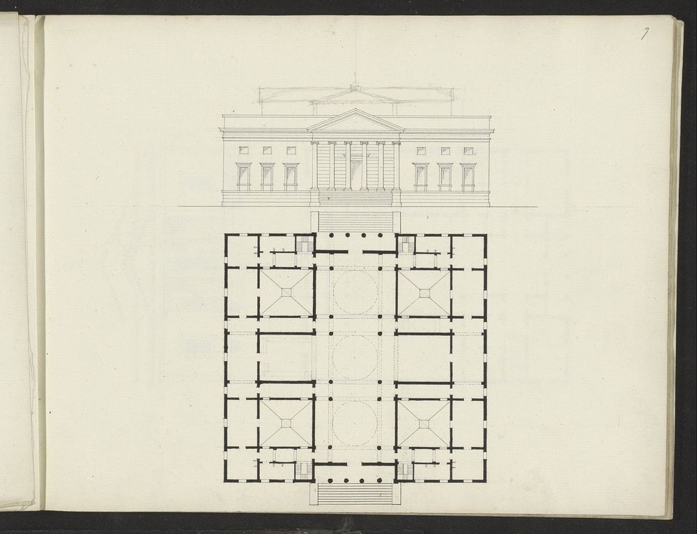 Plattegrond en opstand van de voorgevel van een gebouw (1825 - 1907) by Willem Springer jr