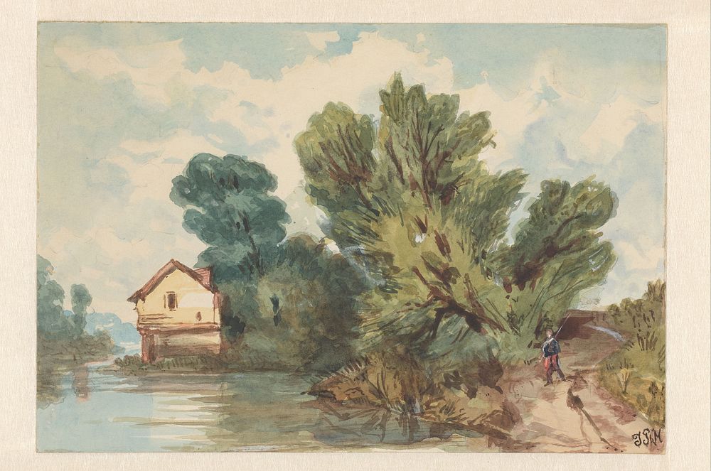 Landschap met wandelaar en huis aan het water (c. 1800 - c. 1899) by Judith Ph Metelerkamp