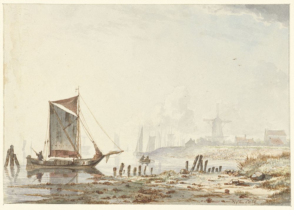 Schepen op een rivier, bij de oever (1813 - 1856) by Hendrik Gerrit ten Cate