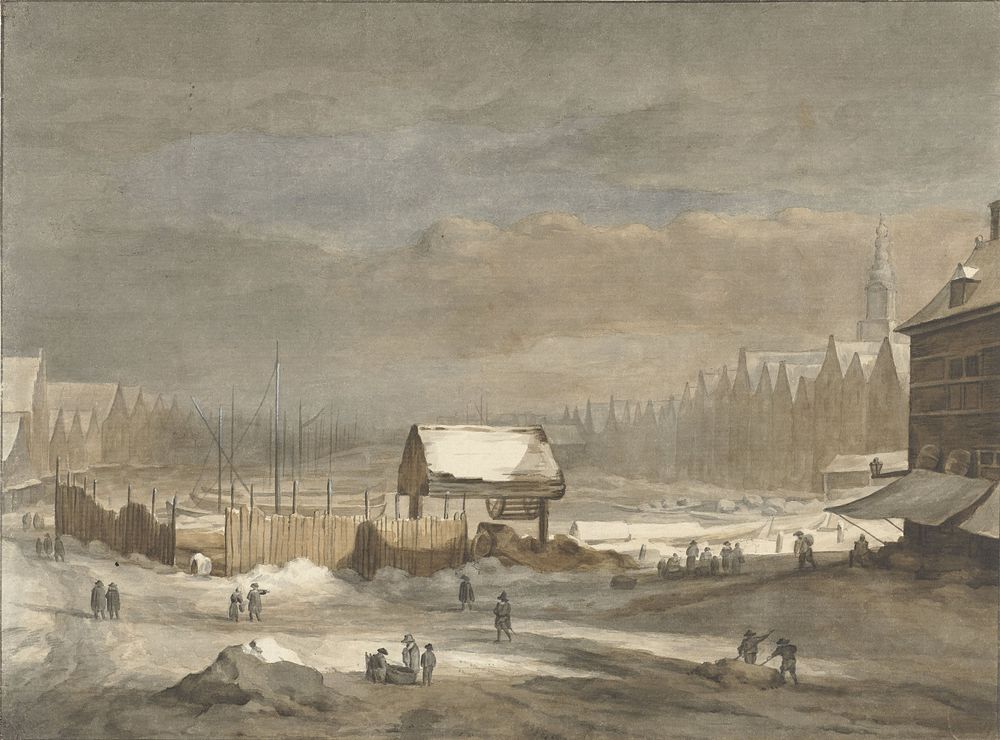 Het Damrak in de winter (1735 - 1807) by Hendrik Pothoven, Jacob Isaacksz van Ruisdael and Salomon van Ruysdael