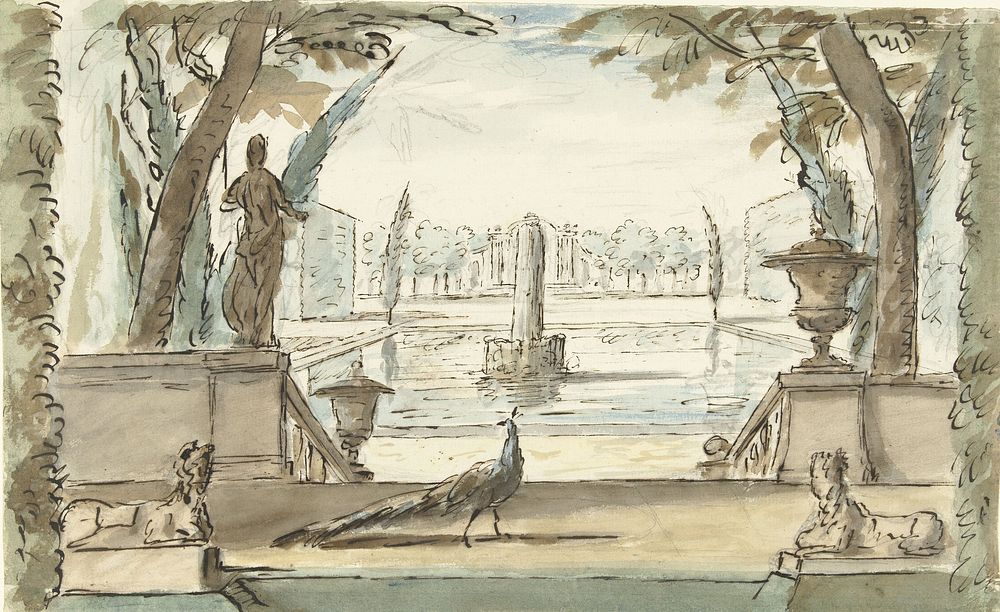 Gezicht in een tuin met een vijver, een fontein en een pauw (1677 - 1755) by Elias van Nijmegen