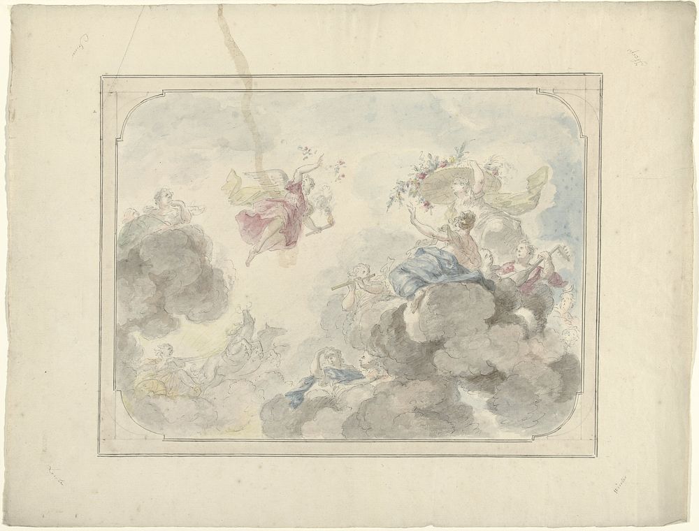 Ontwerp voor een plafondschildering met gezicht in de hemel waar Aurora Duisternis verdrijft (1715 - 1798) by Dionys van…