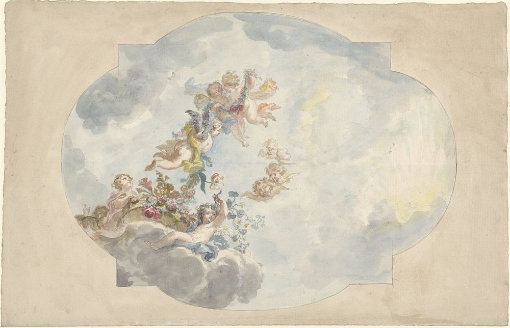 Ontwerp voor een plafondschildering met putti, bloemen en guirlandes (1677 - 1755) by Elias van Nijmegen