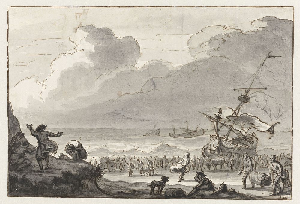 Lading van een schip wordt aan land gebracht (1641 - 1708) by Ludolf Bakhuysen