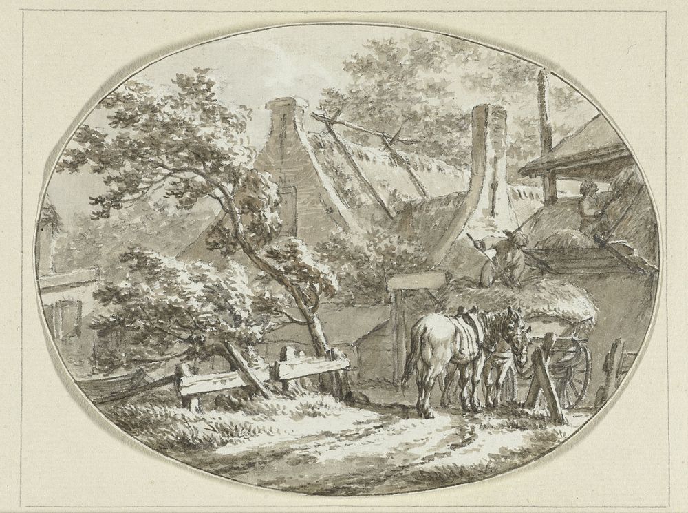 Boerenhuis met landlieden bij hooiwagen en hooiberg (1788) by Jacob Cats 1741 1799