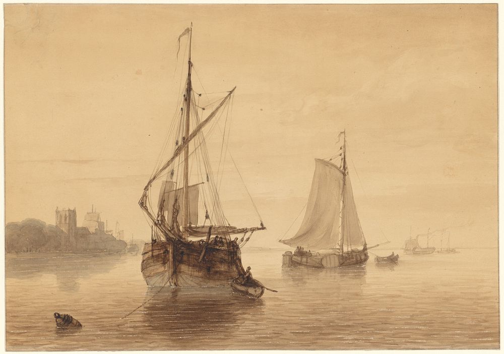 Rivierlandschap met enkele schepen (1815 - 1880) by Nicolaas Johannes Roosenboom
