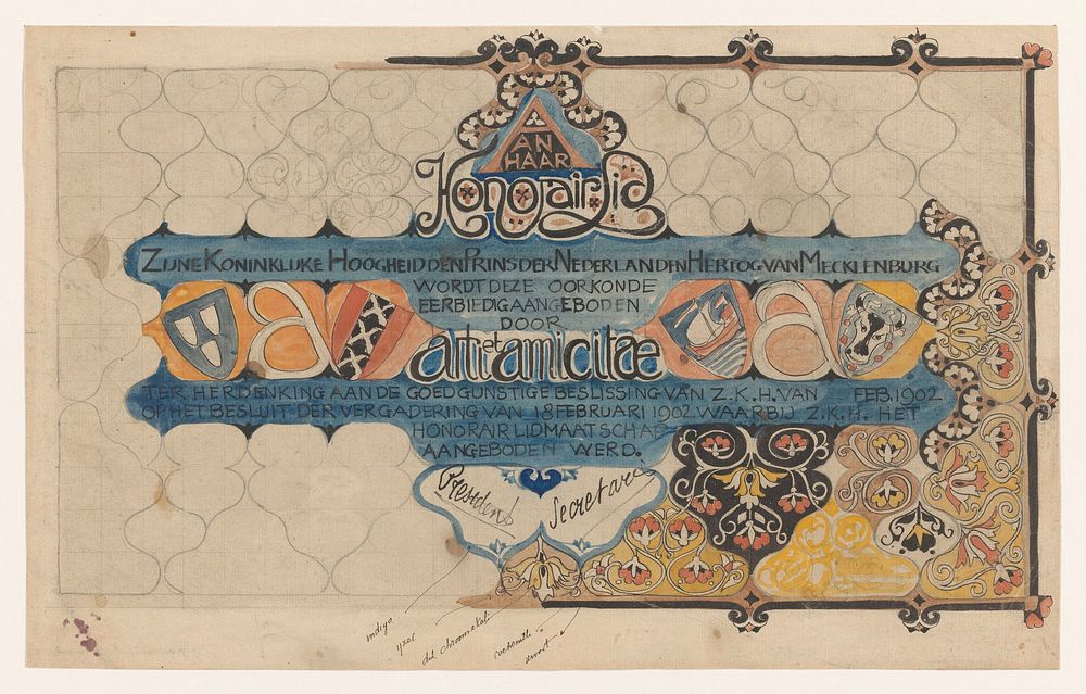 Ontwerp voor een oorkonde van Arti et Amicitiae voor prins Hendrik, bij zijn erelidmaatschap in 1902 (1874 - 1902) by Carel…
