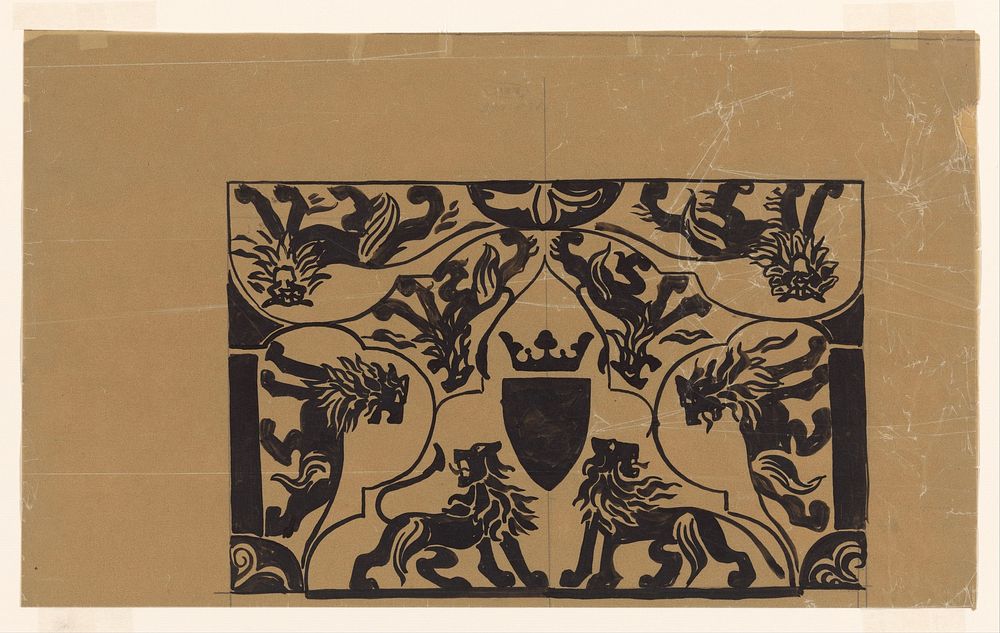 Ornamentaal ontwerp met leeuwen (1874 - 1945) by Carel Adolph Lion Cachet