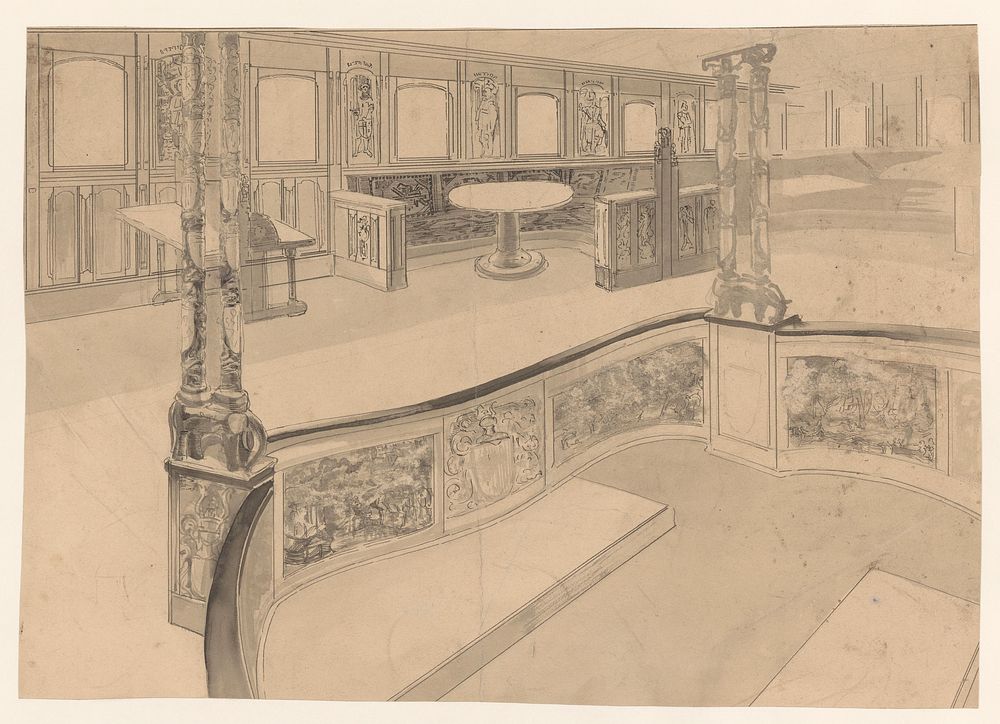 Ontwerp voor het interieur van een deksalon met dichte balustrade (1874 - 1945) by Carel Adolph Lion Cachet