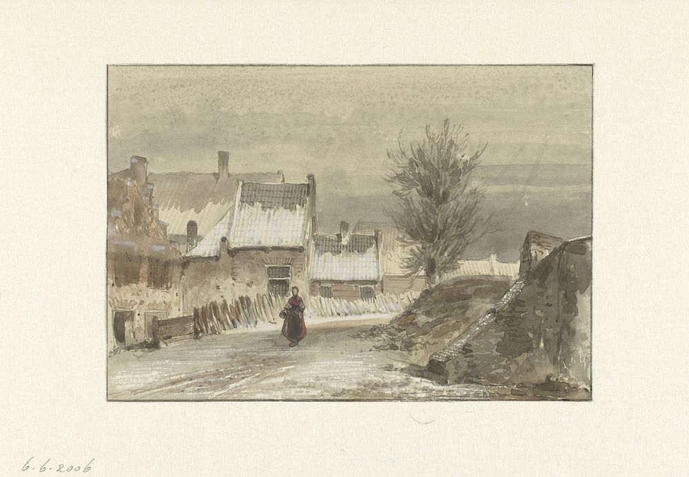 Wintergezicht met vrouw staand op het ijs (1829 - 1866) by Johannes Franciscus Hoppenbrouwers